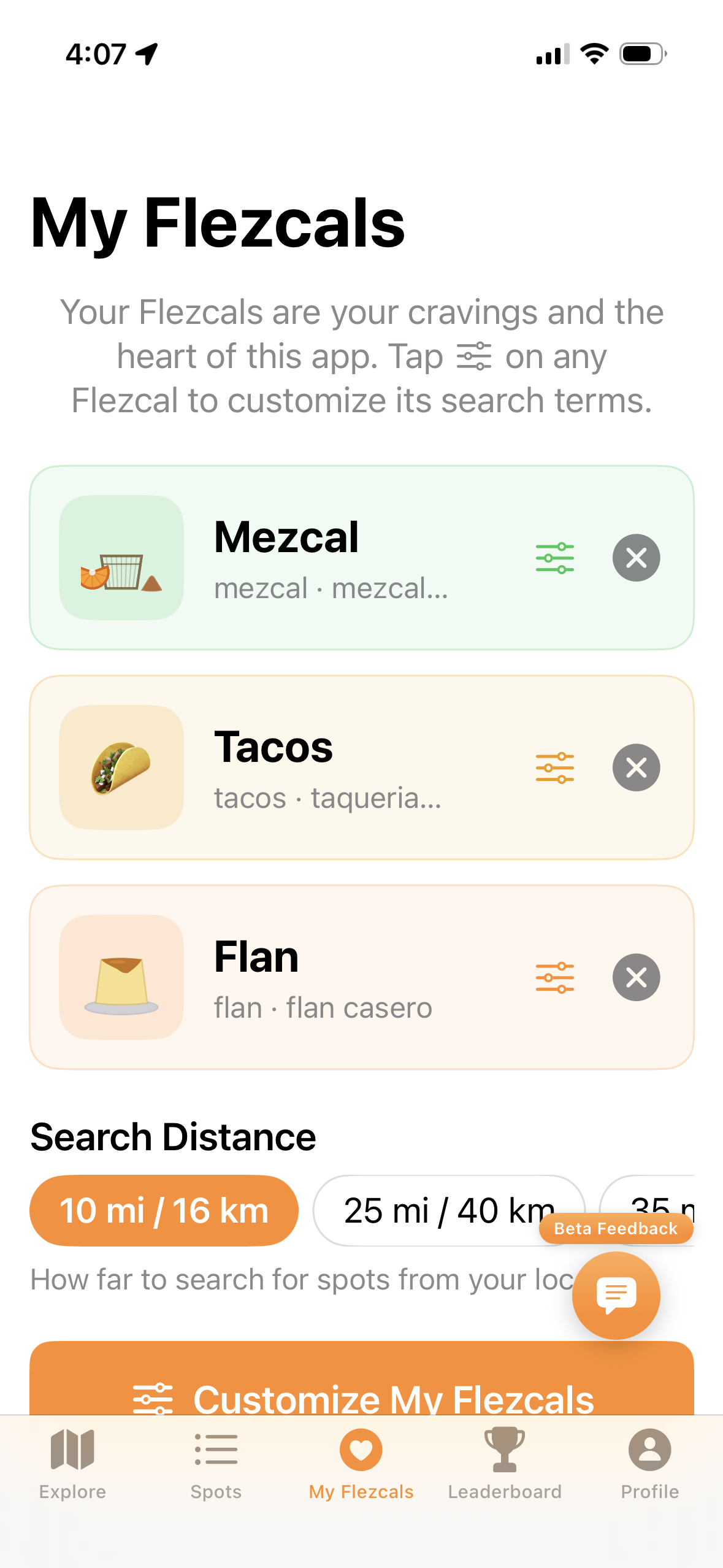 The My Flezcals tab showing your active picks