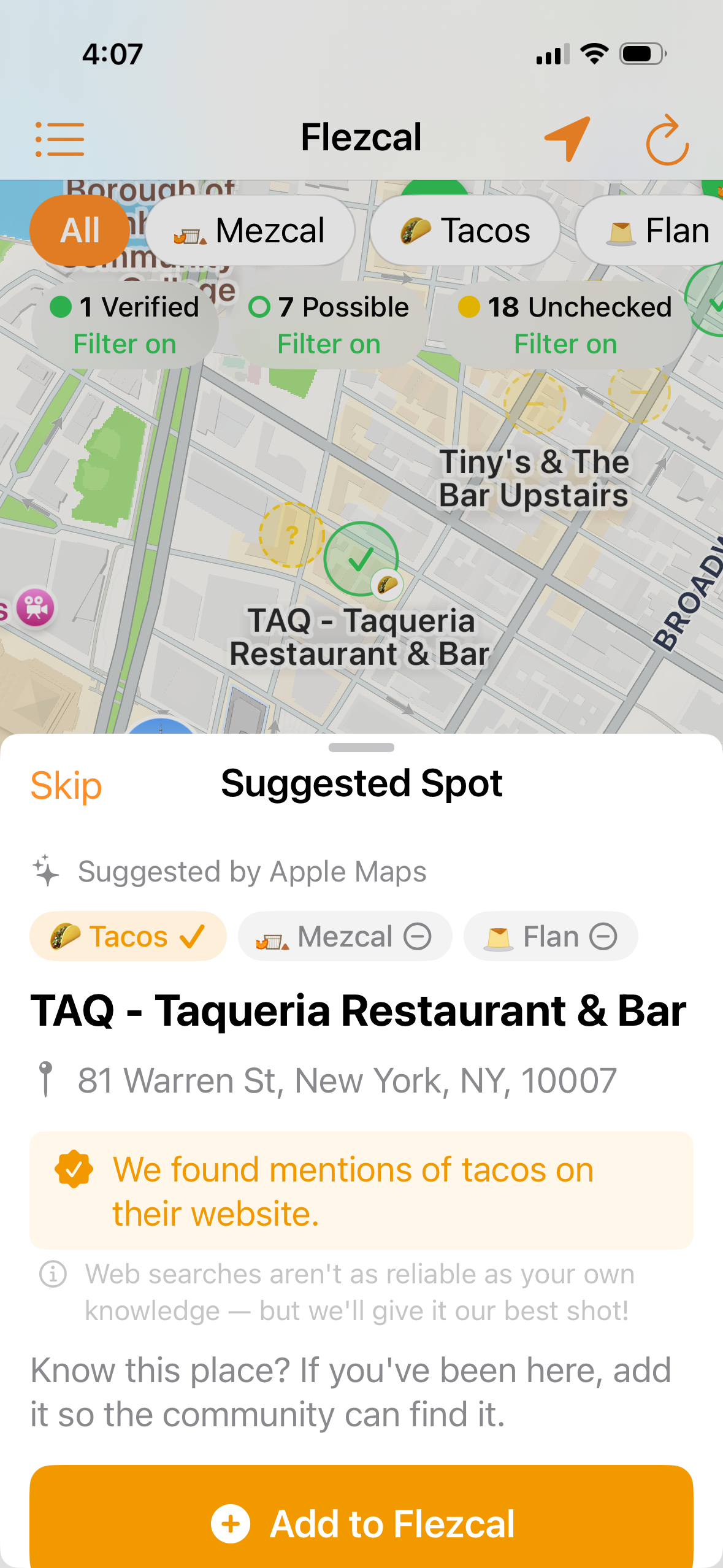 Ghost pin detail sheet showing category chips and website check results